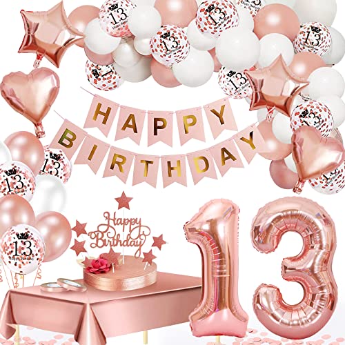 13th Birthday Decorations for Girls, Rose Gold Birthday Decoration, Girl Birthday Party Decorations Set with Happy Birthday Banner, Number 13 Foil Balloons Confetti Balloons, Cake Flag, Tablecloth