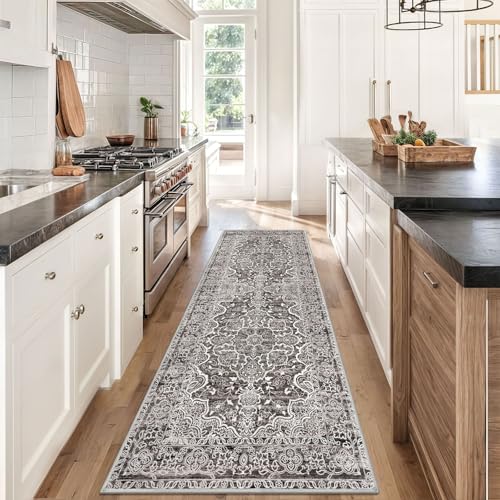 KUTA Vintage Washable Runner Rug, 2.6x8 Runners for Hallways Non-Slip Tan Grey Kitchen Rugs Ultra Soft Printed Tribal Floor Carpet for Bedroom Living Room Nursery Playroom