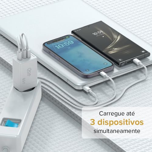 Carregador de Parede Ultra Rápido i2GO Power Delivery com 1 Saída USB-C 65W + 1 Saída USB-C 20W + 1