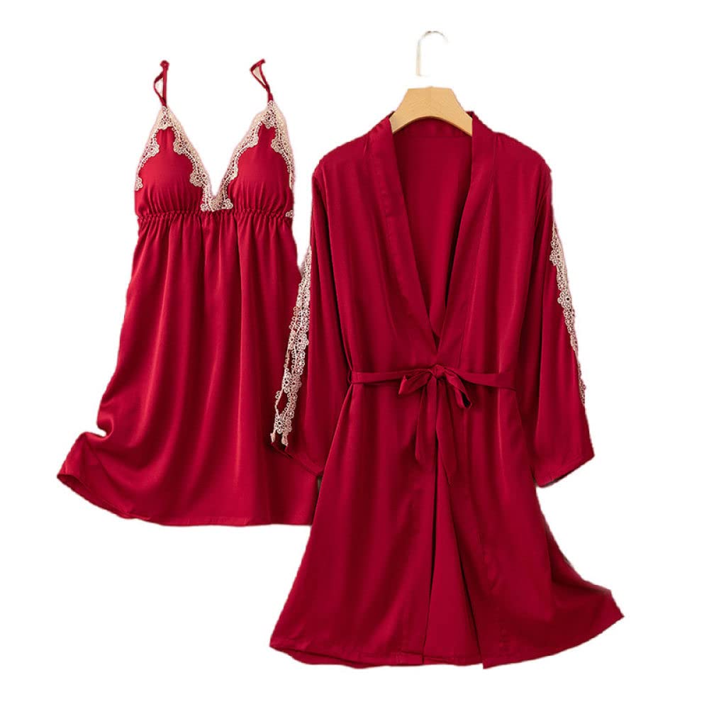 Accappatoio Donna,2 Pezzi Set Accappatoio In Raso Con Scollo A V Sexy Cuciture Floreali In Pizzo Vestaglia Camicia Da Notte Set Kimono Con Lacci Abito Pigiama Elegante Vestaglia Sposa Bademantel Dam