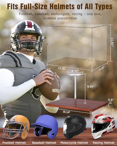 Image of Fitense Full Size Helmet Display Case High Clear Acrylic Wooden Base | 15.4x11x11.8in interior UV shielded box fits football, baseball, motorcycle and racing helmets