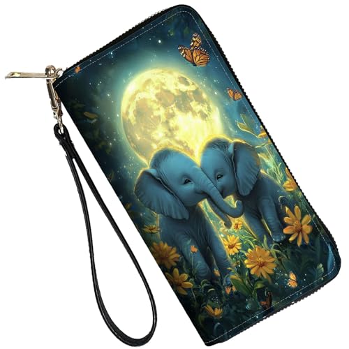 Image of RFID Blocking Leather Wallet for Women - Large Capacity Zip Around Clutch with 8 Card Slots,42 Cash Pockets & Coin Zipper,Cute Elephant