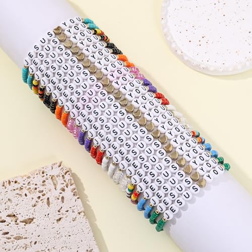 Taouzi 24Pcs ๐๐๐ฌ๐ฎ๐ฌ ๐๐จ๐ฏ๐๐ฌ ๐๐จ๐ฎ Bracelets Bulk Handmade Clay Beads ๐๐ข๐๐ฅ๐ ๐๐๐ซ๐ฌ๐ Bracelets Christian Friendship Jewelry Xmas Gifts for Women 6