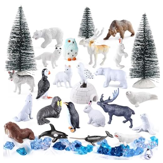 kukifun 56Pcs Arctic Animal Toy, Mini Figures Polar Bear, Penguin, Caribou, Snowy Owl, Pine Trees, Ice Igloo Rocks for Kids School Project Diorama Sensory Cake Decorations Party Gift