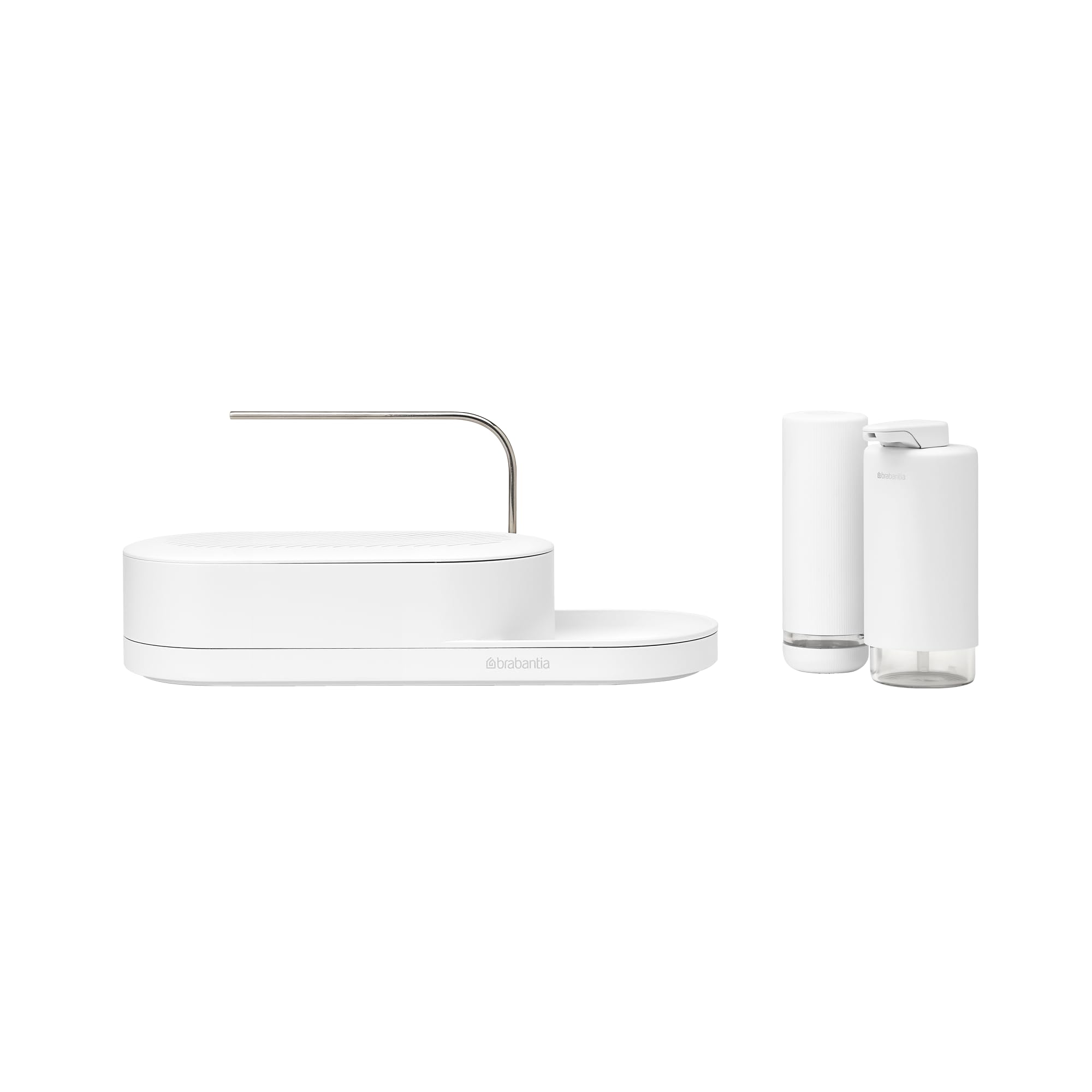 Brabantia - SinkStyle Organiser Set of 3 with Organiser, Soap Dispenser, and Soap Squeezer – Compact Design, Drip Tray with Airflow, Non-Skid Tray – Mineral Fresh White