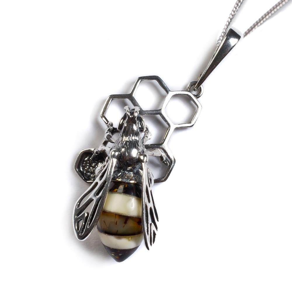 Silver and Amber Bee Necklace, Hornet on Honeycomb Necklace, Bumblebee Jewelry, Honey Bee Lover Gift, 18" Silver Chain with Gift Box