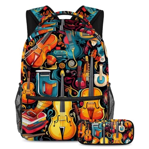 Sac à dos guitare colorée avec trousse pour ados et écoliers