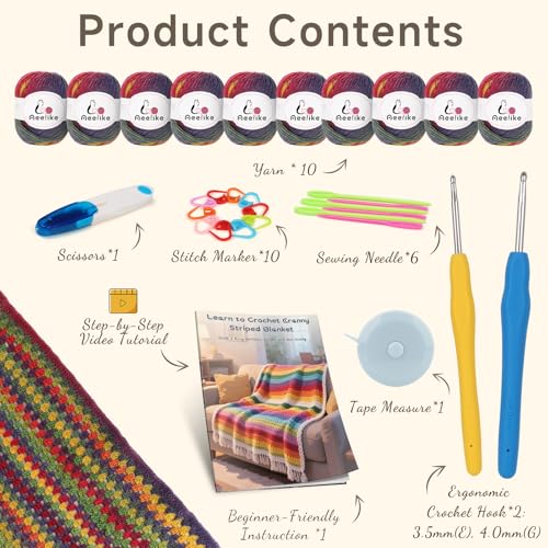 Image of Aeelike Crochet Blanket Kit for Adults,Vedio Tutorial,Wool Yarn 10 Skeins | Wool Blend Yarn,Vintage Ombre Rainbow,Step-by-Step Tutorial,Make a Warm Cozy Blanket, Ideal Craft Gift for Crochet Lovers