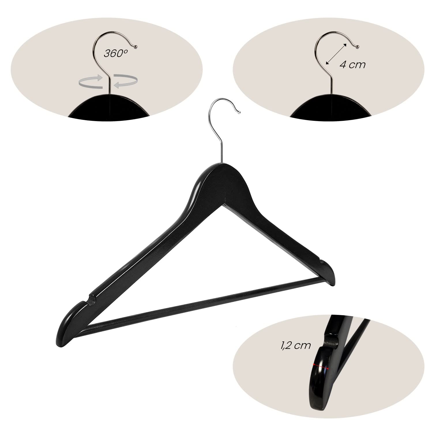Perchas de madera (50 unidades, 38 cm, gancho giratorio de 360 °, para ropa, chaquetas, trajes, pantalones, disponibles de 10 a 50 piezas