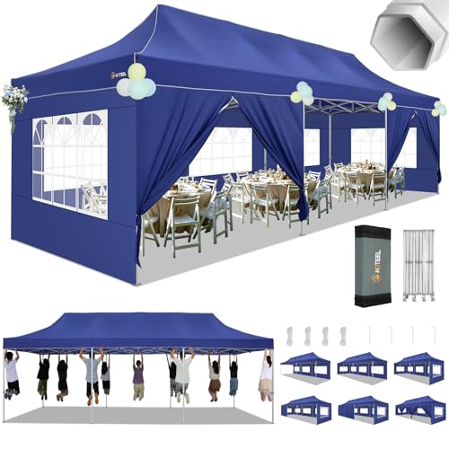 Image of HOTEEL 10x30 Heavy Duty Pop Up Canopy with Sidewalls, Instant Commercial Party Event Wedding Tent, Waterproof UV 50+, Thickened Hexagonal Legs Tent with Carry Bag, Deep Blue