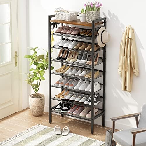 IBUYKE Shoe Storage Organiser, Shoe Rack, 8 Tiers for 21-28 Pairs of Shoes, 75x30x141.5cm, Versatile Metal Shelves with 4 Hooks, Space Saver, for Hallway, Bedroom,Living Room, Rustics Brown, TXJ082H