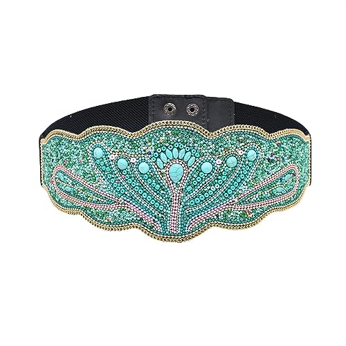 Bohemian Retro Wide Belts for Women Stretch Elastic Waist Belt Waist Cover Turquoise Crystal Floral Bead Body Chain3