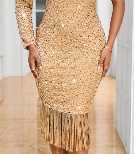 Image of dasmzper Women Sexy Sequin One Shoulder Long Sleeve Tassel Hem Bodycon Midi Dress Party Cocktail Dress