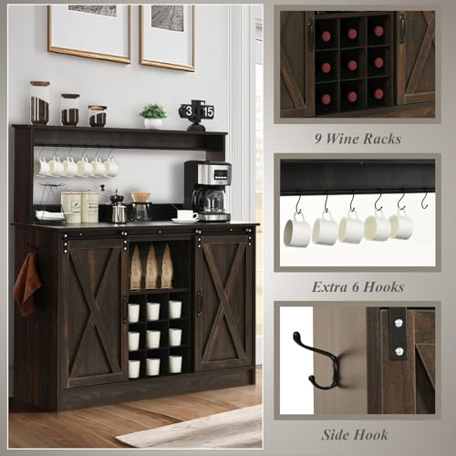 4ever2buy Farmhouse Coffee Bar Cabinet with 6 Hooks, 47 Inch Coffee Bar Hutch with 9 Wine Racks, Wine Bar Cabinet with Sliding Barn Door and Adjustable Shelves for Dining Living Room, Dark Oak - Image 5