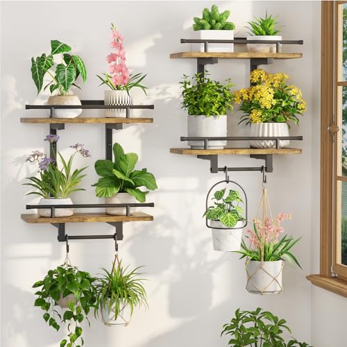 LASZOLA Floating Plant Shelves Holder Wall Mounted Indoor 2 Pack Plant Hangers Stand with 4 Hooks Metal and Wood Flower Hanging Display for Bedroom Living Room Kitchen Office Bathroom Decor Brown