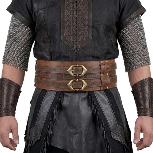 YESSA Viking Medieval PU Leather Embossed Belt Renaissance Knight Pirate Costume Waist Accessories LARP Cosplay Brown
