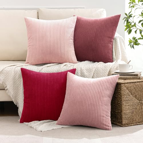 Image of MIULEE Boho Farmhouse Throw Pillow Covers 18x18 Inch Set of 4 Romantic Decorative Cushion Covers Spring Corduroy Home Decor for Feminine Valentines Couch Bed Sofa Living Room Aesthetic Pink