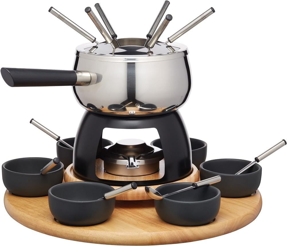 Artesà Juego de Fondue con Plato Giratorio Lazy Susan, Olla de Fondue de Acero Inoxidable con Quemador, Recipientes y Utensilios, Juego de 22 Piezas, Negro