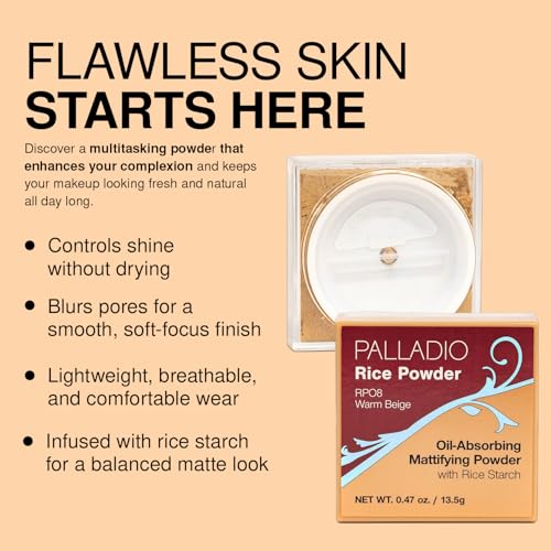 Image of Palladio Rice Powder, Loose Setting Powder, Absorbs Oil, Leaves Face Looking and Feeling Smooth, Helps Makeup Last Longer For a Flawless, Fresh Look, Warm Beige, Pack of 3