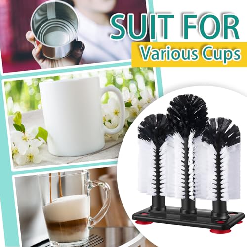 Image of Havawish 4 Pack Water Bottle Cleaning Brush with Suction Base, 3 Head Bristle Bar Glass Washer for Sink, Washer Brush Cleaner for Bar Beer Cup, Wine Glass, Long Leg Cup Kitchen Tools