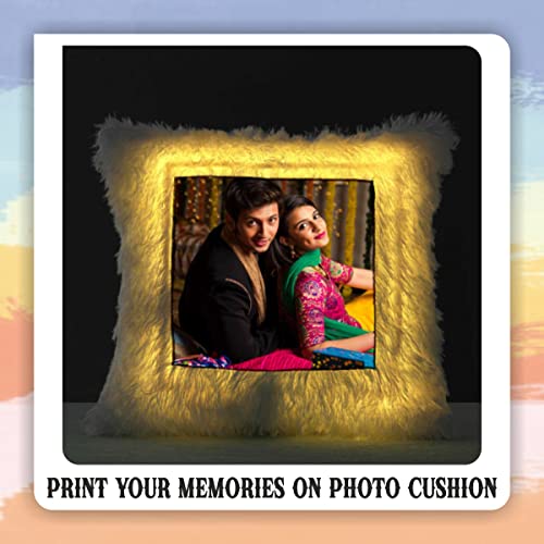 Image of Savri Personalised LED Fur Cushion Pillow with your Photo or name Printed. Picture Cushion /Pillow with Filler. Ideal for valentine's day, Christmas Gift For Friends, Family, Relatives. Size-14x14 Inch
