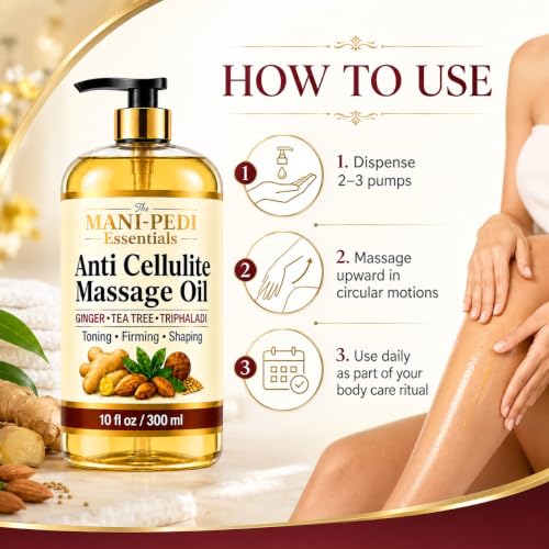 Image of TMPE Anti-Cellulite Massage Oil with Triphaladi, Ginger & Tea-Tree Oils | Toning, Firming & Shaping. No More Bumpy Skin, Strawberry Legs| Shape-Up Slimming | Cellulite Remover for Legs - 300ml (Pack Of 2)