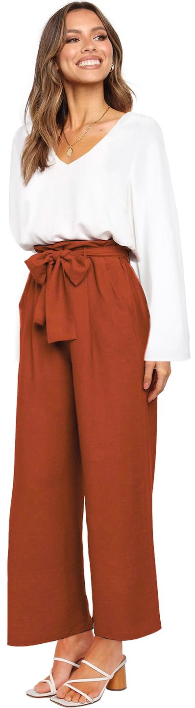 FANCYINN Completo da donna in 2 pezzi, con scollo a V, maniche lunghe, pantaloni a vita alta con cintura, B-orange Pantaloni & Bianco Maniche Lunghe Top, Large