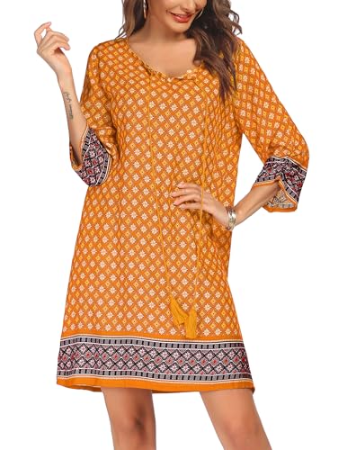 Image of Zeagoo Womens Boho Dresses Casual Beach Summer Dress Tassel Tie Neck 3 /4 Long Sleeve Mini Sundress 2026 Floral Print Cover Up