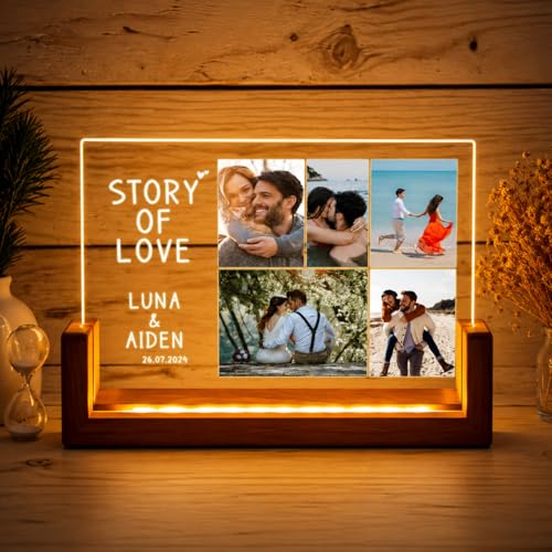 Image of Custom Photo Collage LED Lamp, Personalised Acrylic Night Light, Warm White, Modern Style, Anniversary and Birthday Gift for Couples and Friends (Design 4)