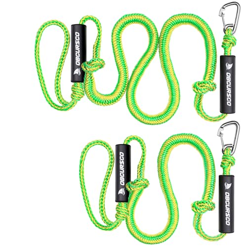 Obcursco Bungee Dock Lines for Boat Docking Rope with 316 Stainless Steel Clips Accessories for Jet Ski PWC SeaDoo Pontoon Center Console Sets of Two(4ft & 6ft) (Green/Yellow)