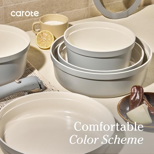Image of Carote 20pcs Ceramic Cookware Set with Detachable Handles, Pots and Pans Set Non Stick, RV Kitchen Cooking Pot and Pan, Dishwasher Safe, Non-toxic Induction Cookware PFAS and PFOA Free, Grey