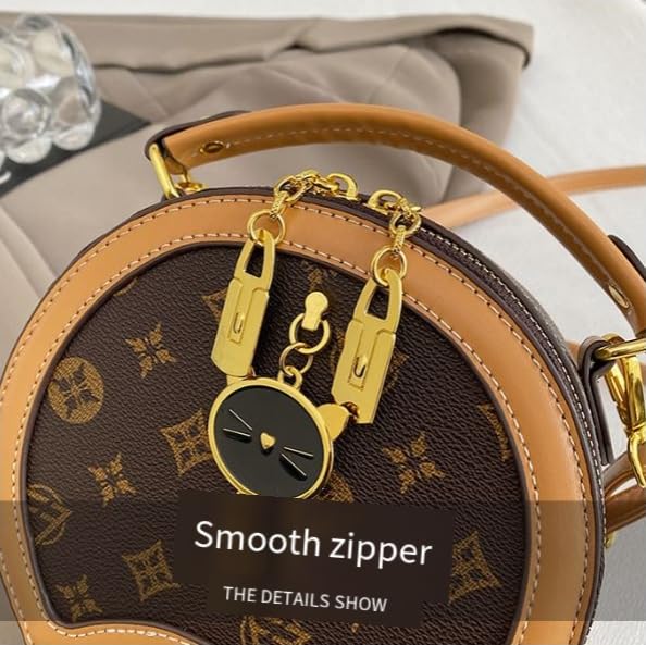 Designer Round Crossbody Handbag, Monogram Print, Brown and Tan with Cat Charm, Gold Hardware 7