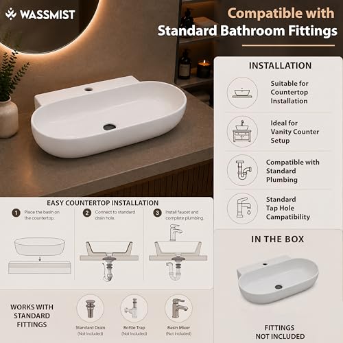 Image of WASSMIST Wash Basin | Table Top WashBasin for Bathroom with 10 Year Glaze Warranty | Premium Ceramic Basin with Thin Rim (22.5 X 15.5 X 5.31 inch)