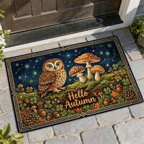 Paillasson de bienvenue, motif chouette, champignon rustique, gland d'automne marron, lavable, profil bas, décoration extérieure pour porte d'entrée,...