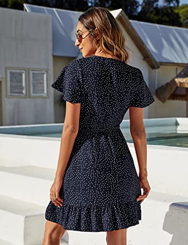 Naggoo Women's Summer Wrap V Neck Polka Dot Print Ruffle Short Sleeve Mini Floral Dress with Belt - Image 3