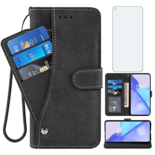 Asuwish Compatible with OnePlus 9 OnePlus9 5G Wallet Case and Tempered Glass Screen Protector Flip Cover Credit Card Holder Stand Cell Phone Cases for One Plus9 On 1 Plus 1plus One+ 1+ 1+9 Nine Black