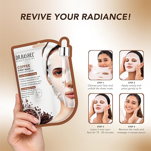 Image of DR.RASHEL Coffee Face Sheet Mask With Serum For Women and Men | All Skin Types | Soft and Healthy Skin | Deep Cleansing & Oil Control | Repairing & Nourishment | Soothing And Hydrating | Paraben Free | Pack Of 2 | 20 Grams Each