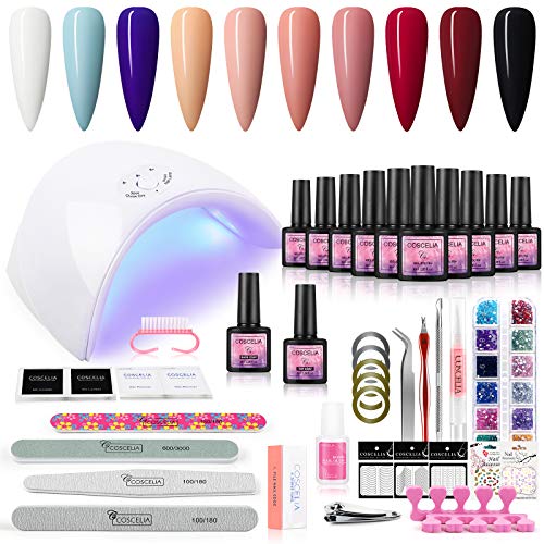 Gel Nail Polish Start Kit with 36W U V LED Nail Dryer Lamp 10 Colors Soak Off Gel Polish Base Top Coat and Glitter Nail Decoration for Manicure Nail Set