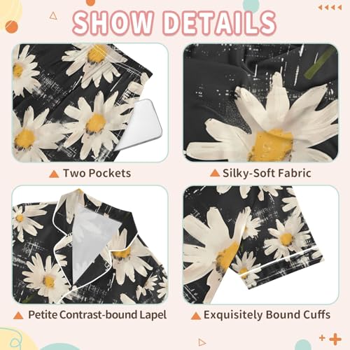 senya Flowers with Black Satin Summer Pajama Sets Silk Short Sleeve Button Down Sleepwear3