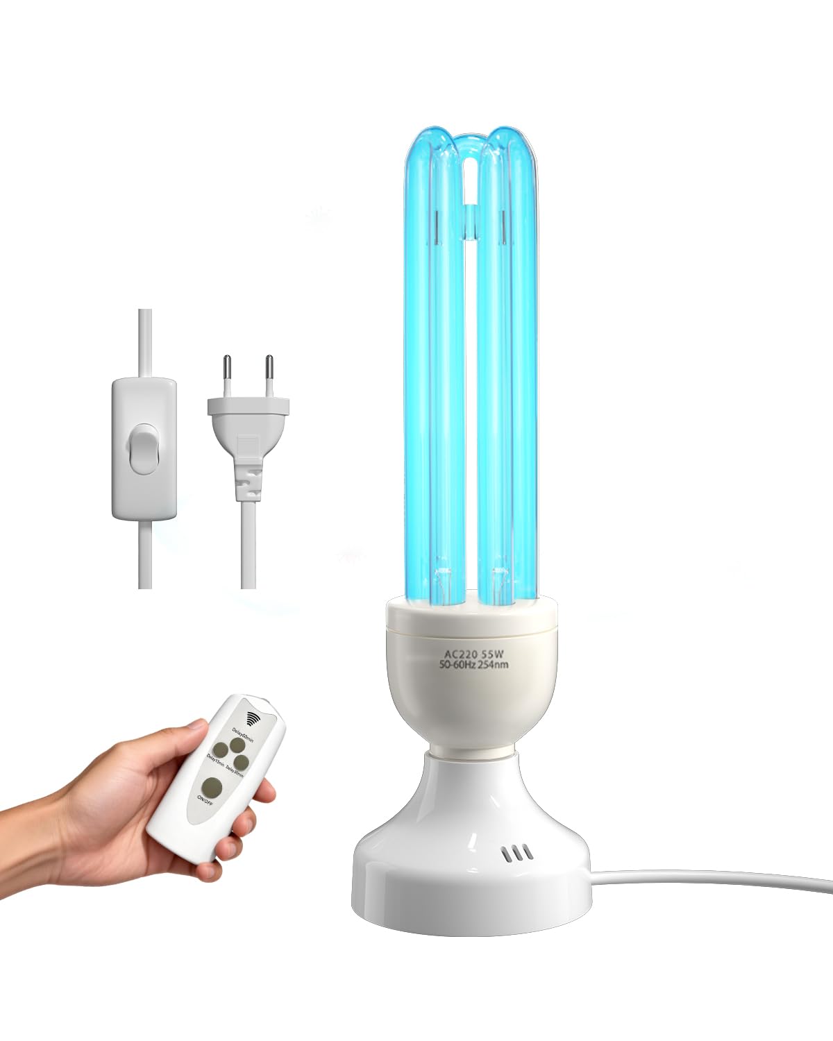55W UV Lampe Desinfektion Ozon Licht mit Fernbedienung und 3 Timer Keimtötende Lampe, Duale Sterilisation und Desinfektion, AC220-240V, Perfekt für Küche, Schlafzimmer, Büro Frischluft