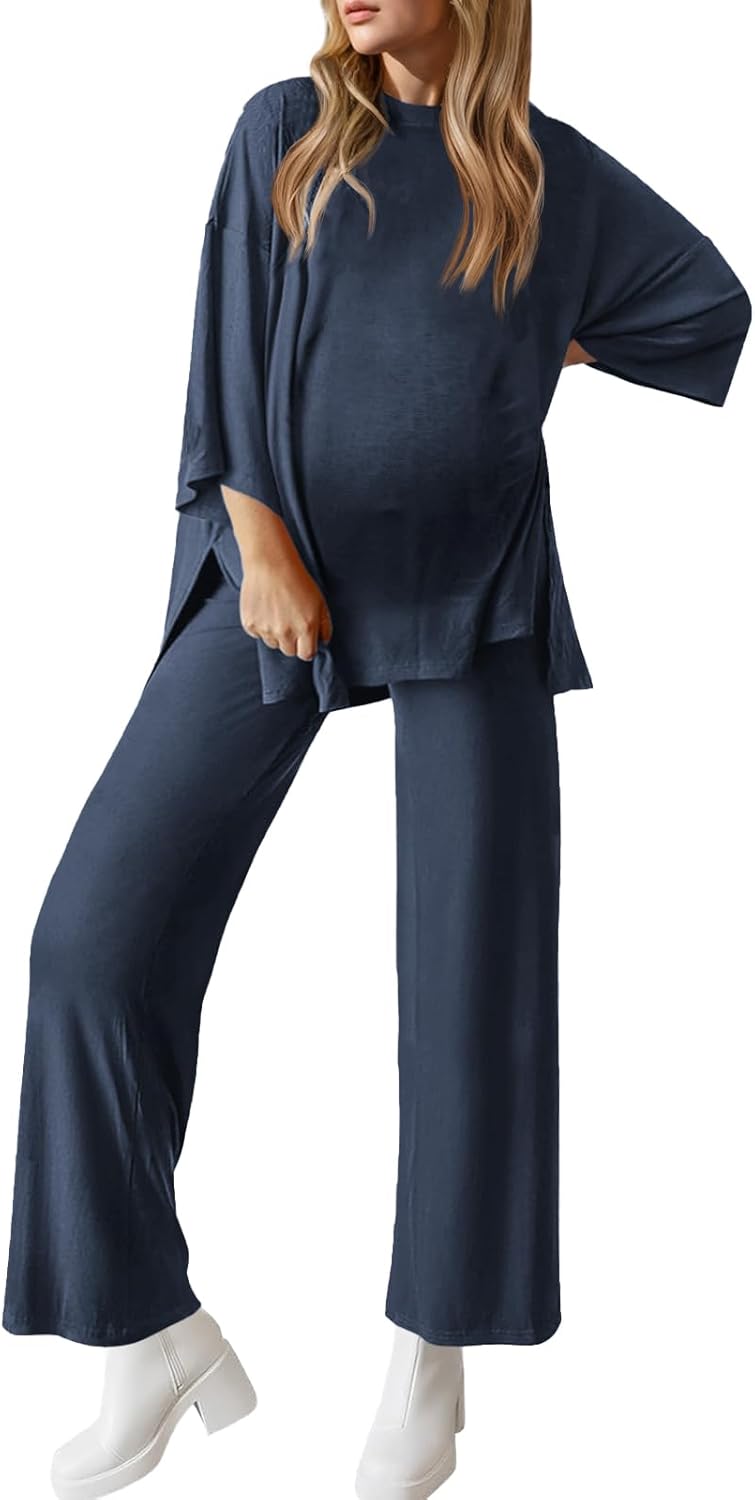 Womens Maternity Pajamas Sets 2 Piece Outfits Long Sleeve Tops and Pregnancy Loungewear Mama Clothes with Pockets