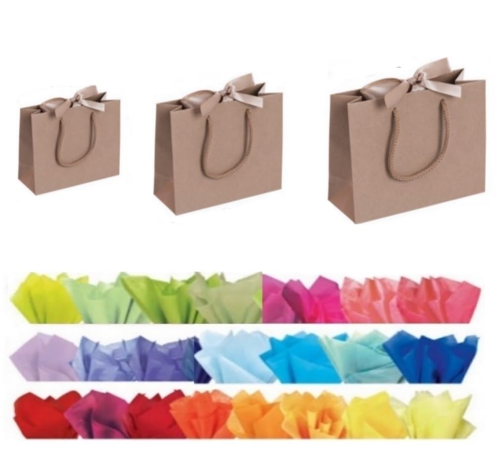 Natural Or Cream Boutique Shop Ribbon Tie Gift Bags Rope Handle Events Bag Plus Tissue Wrap (Natural Kraft Large, 5 Bags) โ image 1