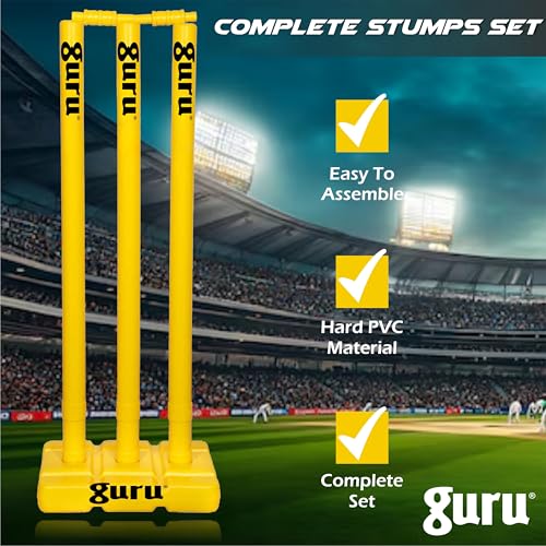 Image of Guru Cricket Wicket Set, Heavy Plastic Cricket Stumps Set - 3 Stumps + 2 Bails + 1 Base Stand
