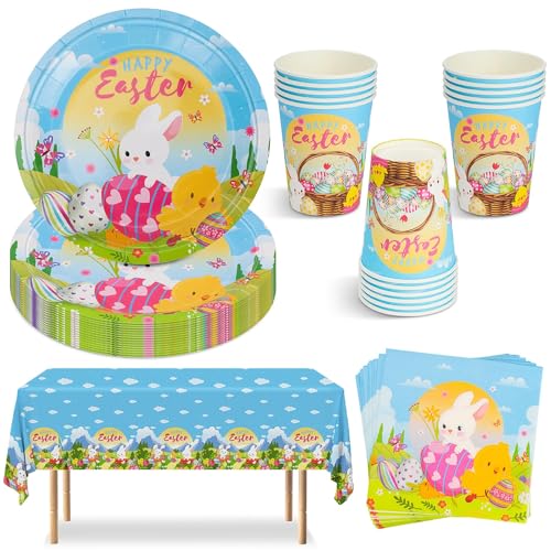 Vaisselle Pâques Vaisselle de Fête, 53pcs pour 16 Invités Motif œufs de Lapin de Pâques Nappe Assiettes Tasse Couverts Serviette en Papier Ensemble de...
