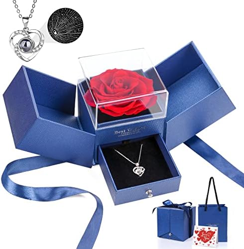 Digi4U Preserved Rose Gifts for Her Women Girlfriend Wife with I Love You Necklace in 100 Languages, Gifts for Her Mum on Valentines Day, Birthday Anniversary Christmas