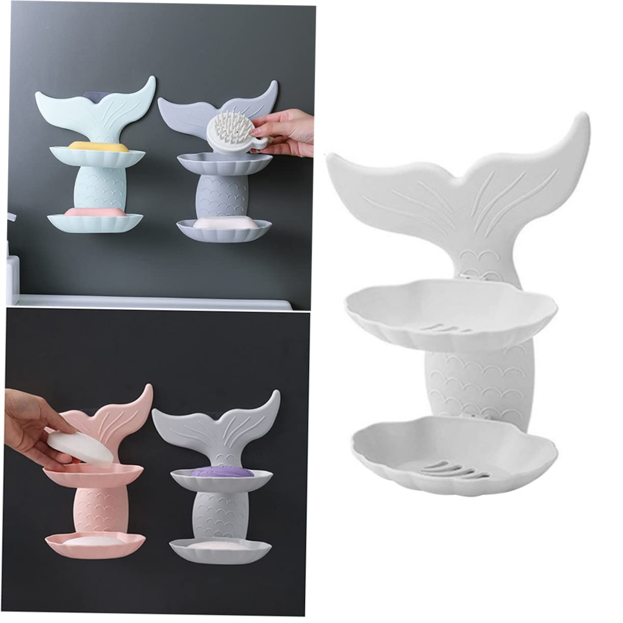Jabonera con Drenaje, Soporte montado en la Pared, Estante de Concha 2 uds, pez Dorado Doble Capa, fácil Limpiar