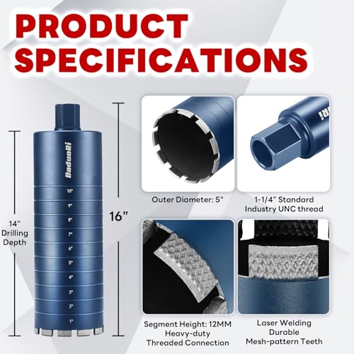 Image of 5 inch Core Drill Bit with Etched Depth Scale - Industrial for Reinforced Concrete, Brick Block, Masonry,1-1 /4 inch-7 UNC,14 inch Drilling Depth, Precision-Welded & Aggressive Sharp 12mm Segments, Wet
