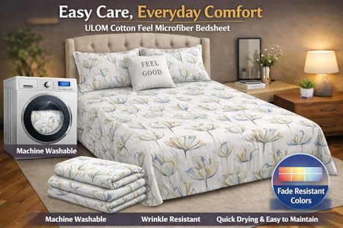 Image of Cotton Feel King Size Flat Bedsheet for Double Bed (90 x 100 Inches | 230 x 250 cm) with 2 Pillow Covers | Soft & Smooth Printed Bedsheet for Daily Use (White, King Bed-90x100)