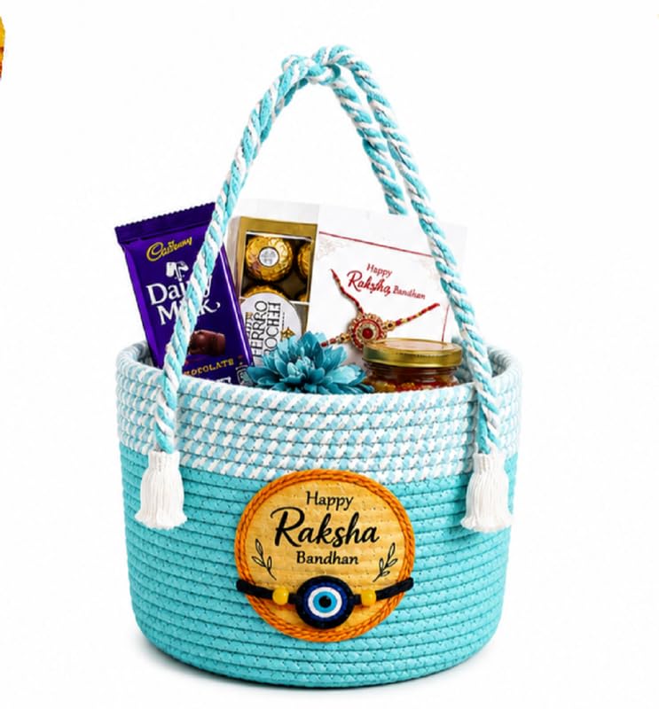 Image of BROOM Raksha Bandhan Gift Hamper Basket | Handmade Cotton Rope Storage Basket with Handle | Decorative Organizer for Chocolates, Dry Fruits, Return Gifts, Home Decor & Festive Celebration (Sky Blue)