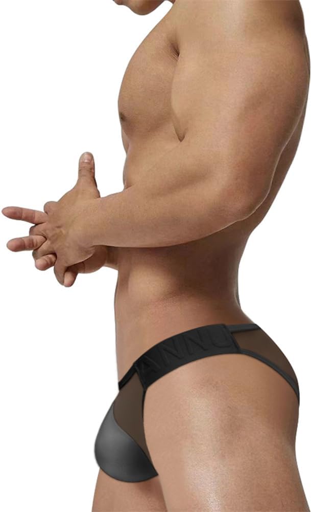 Men's Stretch Ice Silk Sexy Thong, Bulge Pouch Jockstrap Breathable G-Strings Underwear for Male Cotton G-Strings Black - Image 4